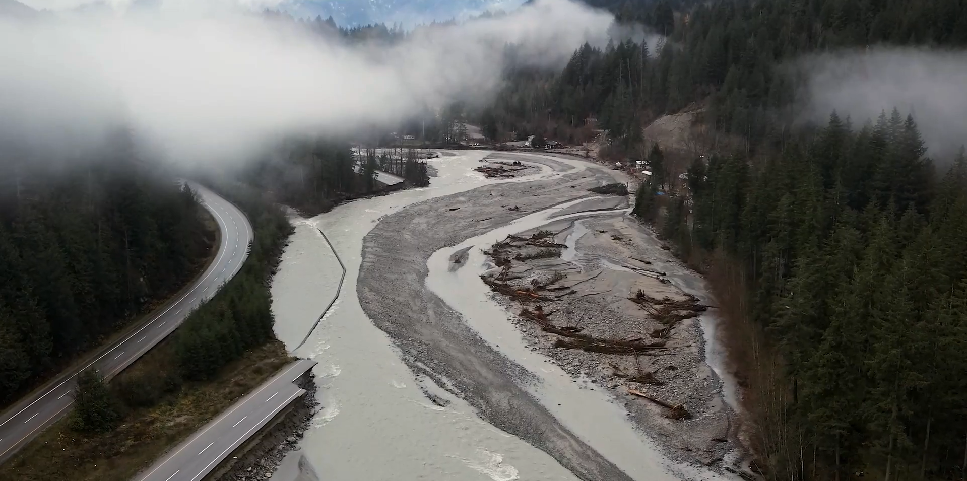 Aerial view of flood damage along the Coquihalla Highway in British Columbia