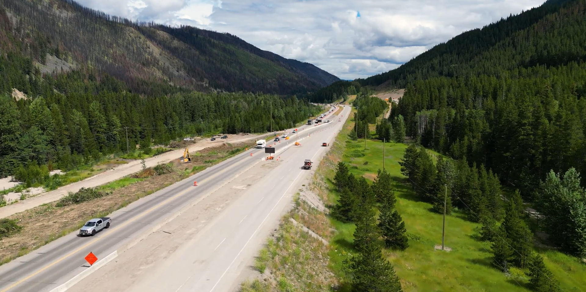 Aerial view of flood damage along the Coquihalla Highway in British Columbia